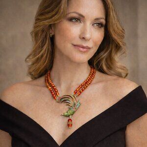 Heidi Daus Swarovski Crystal Phoenix Bird Necklace Carnelian Beads